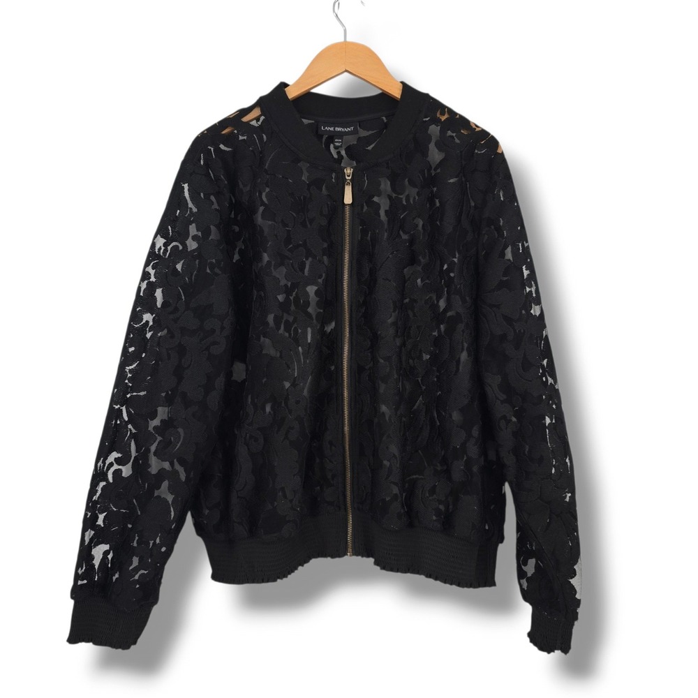 Lane Bryant Womens 22/24 Black Floral Lace Sheer Bomber Jacket Zip Plus Size